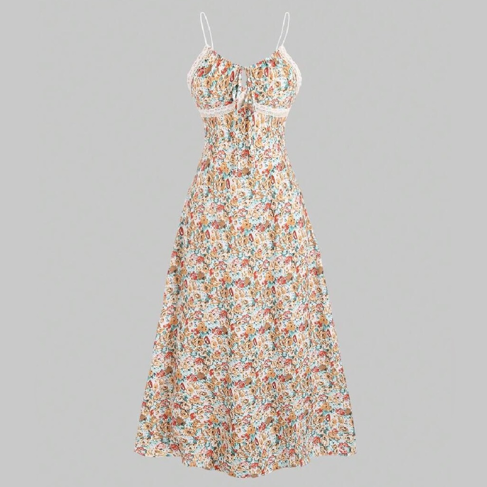 Long Floral Spaghetti Strap Maxi Dress with Lace Detail